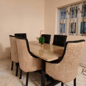 Solid Built Cyril Series 6 Seater Upholstered Dining Table (Premium High Gloss Dining Table Top Finish)