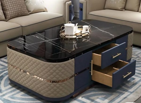 Buy Modern Black Marble Coffee Table with Blue Storage Drawers – 2ft x 4ft - Image 2