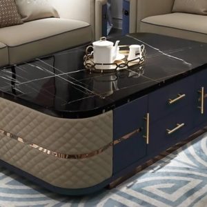 Buy Modern Black Marble Coffee Table with Blue Storage Drawers – 2ft x 4ft