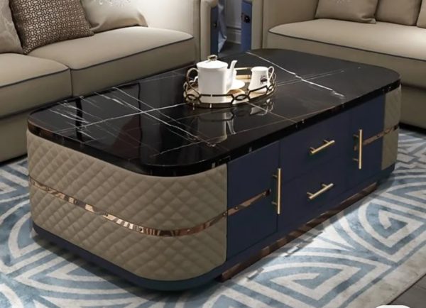 Buy Modern Black Marble Coffee Table with Blue Storage Drawers – 2ft x 4ft