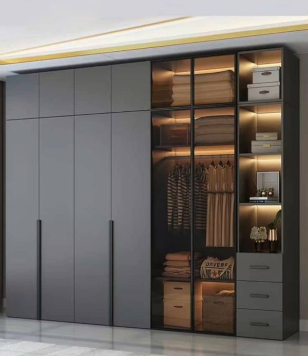 Buy Modern Custom Wardrobe with Glass Doors and LED Lighting