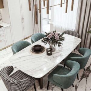 Buy Modern Marble Top Dining Table Set for 6 with Custom Upholstered Chairs