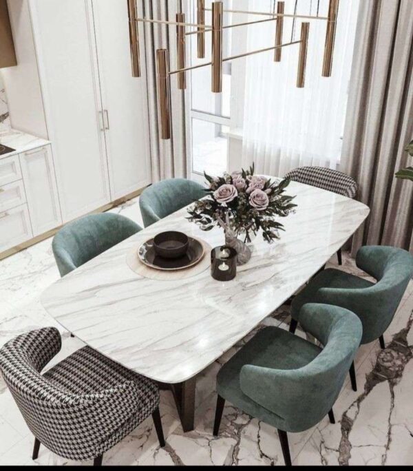 Buy Modern Marble Top Dining Table Set for 6 with Custom Upholstered Chairs