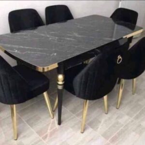 Buy Luxury 6 Seater Marble Dining Table Set with Gold-Leg Velvet Chairs