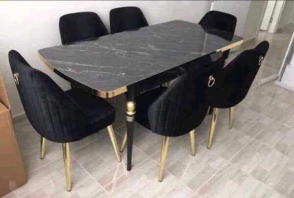 Buy Luxury 6 Seater Marble Dining Table Set with Gold-Leg Velvet Chairs