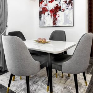 Buy Modern 4-Seater White Dining Table Set with Grey Upholstered Chairs