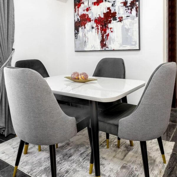 Buy Modern 4-Seater White Dining Table Set with Grey Upholstered Chairs