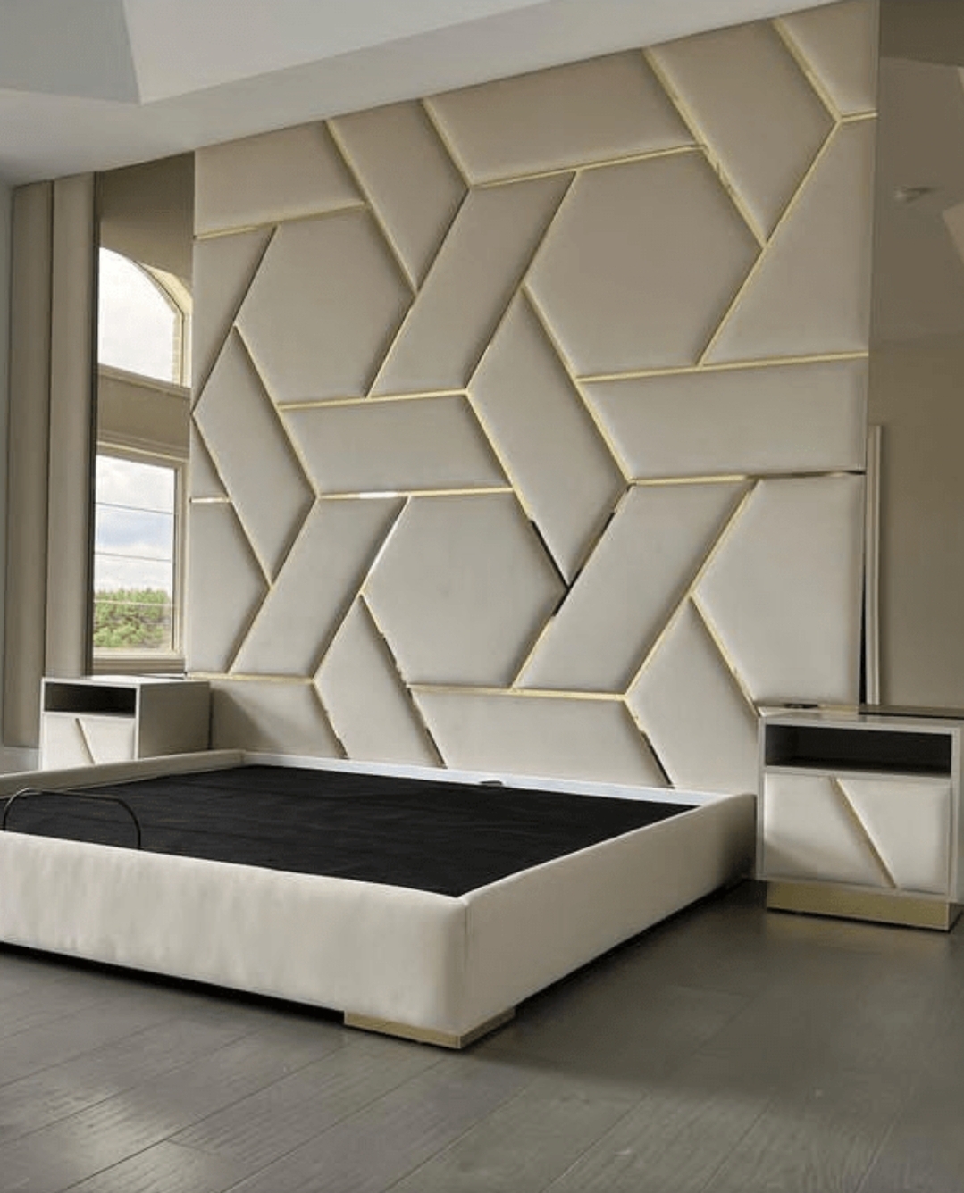 Buy Luxury Geometric Wall 6by6 Bed frame with Custom Upholstered Panels