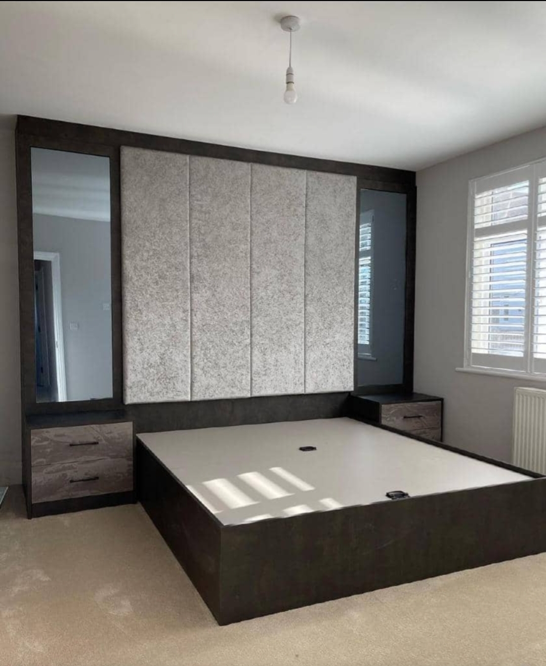 Buy Luxury Upholstered 6by6 Bed frame with Built-In Mirrors and Bedside Drawers