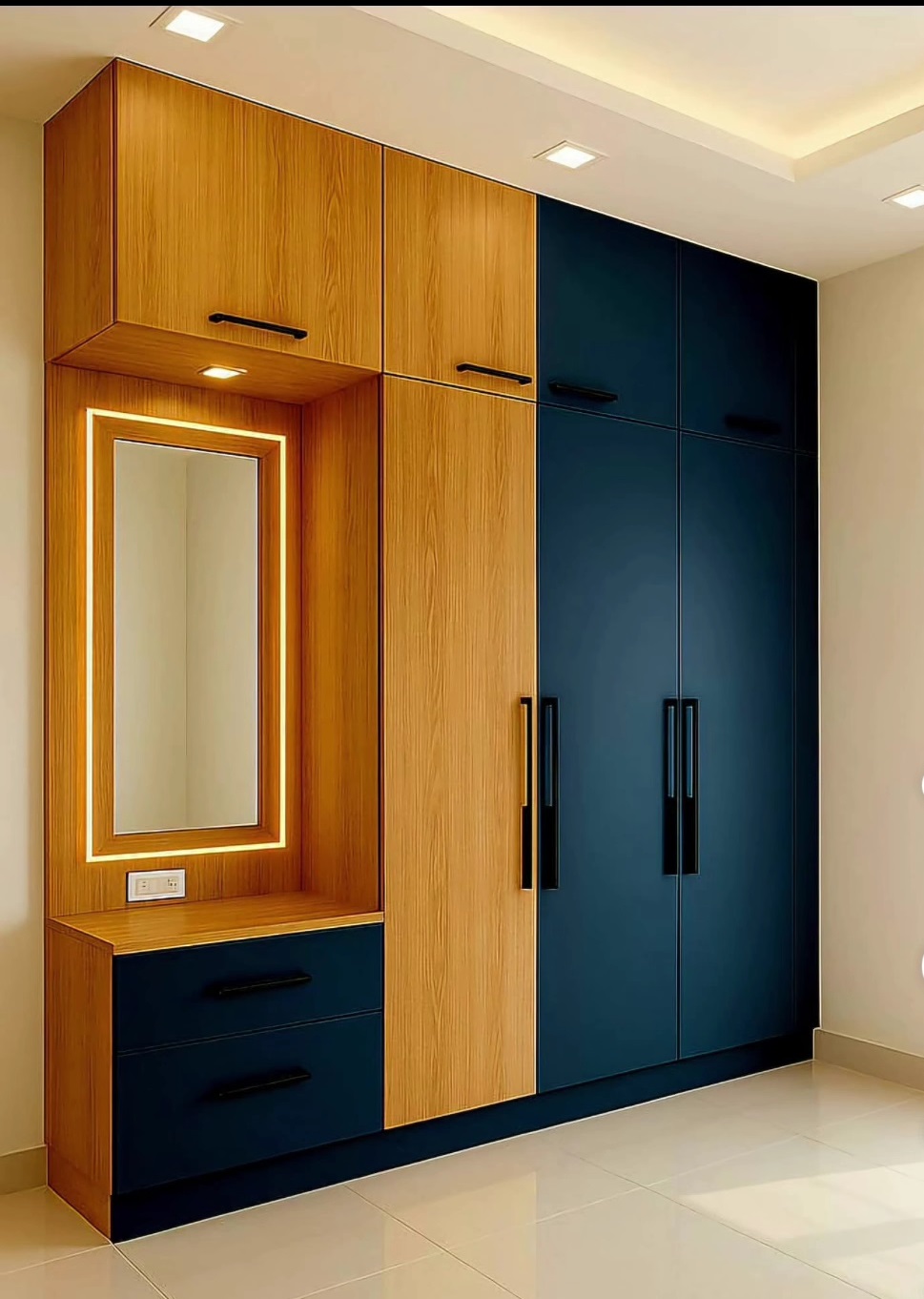 Buy Modern Dual-tone Wardrobe with LED Mirror & Drawers