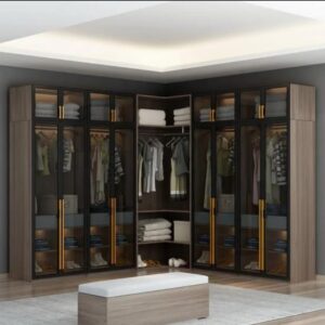 Buy Modern L-Shaped Glass Wardrobe with LED Lighting and Gold Handles