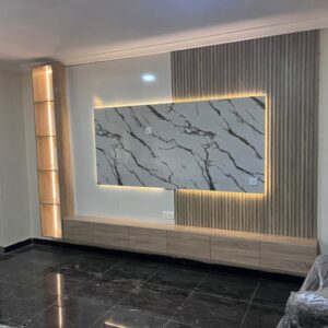 Buy Modern TV Wall Panel with Marble Finish, LED Lighting & Storage